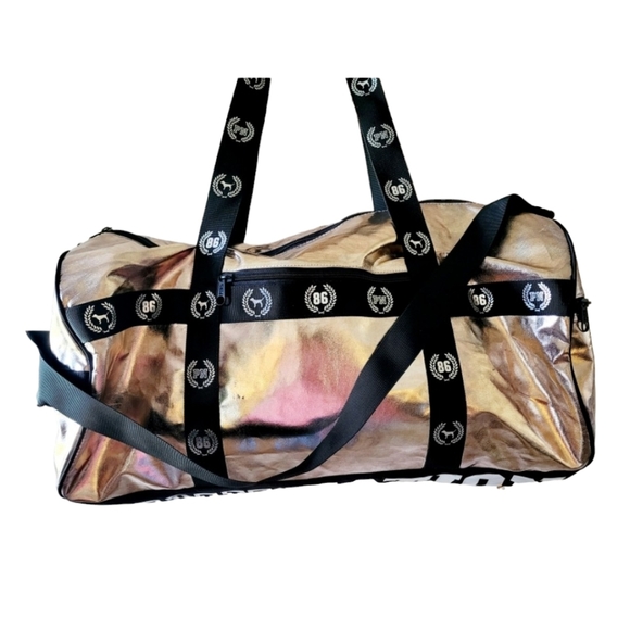 Victoria's Secret PINK Gold Metallic and Black Large Duffle Bag PINK NATION - Picture 1 of 9